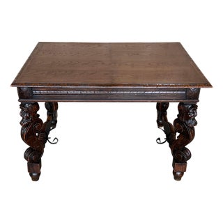 19th Spanish Carved Gargoyles Walnut Renaissance Library / Writing or Desk Table For Sale