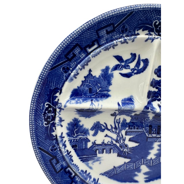 Vintage Shenago Blue Willow China Divided Ceramic Plate For Sale - Image 4 of 12