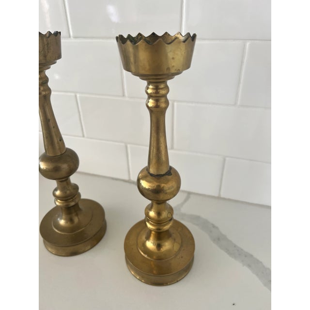 Vintage Brass Crown Top Candlesticks- a Pair For Sale - Image 4 of 4