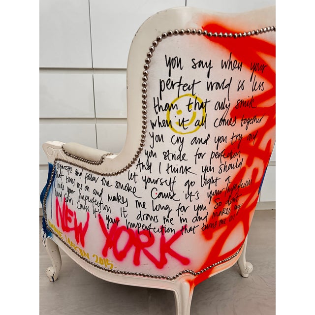 Pair of Bespoke Jimmie Martin Hand-Painted White Leather Graffiti Armchairs For Sale - Image 15 of 18