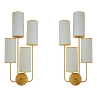 Elevation 4 Wall Sconces in Patinated Gold Metal and White Shades by Aymeric Lefort, Set of 2 For Sale
