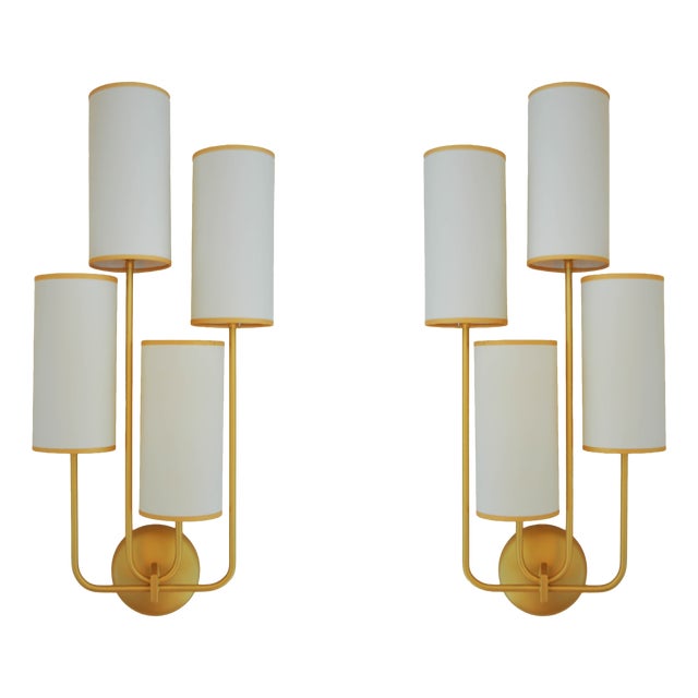 Elevation 4 Wall Sconces in Patinated Gold Metal and White Shades by Aymeric Lefort, Set of 2 For Sale