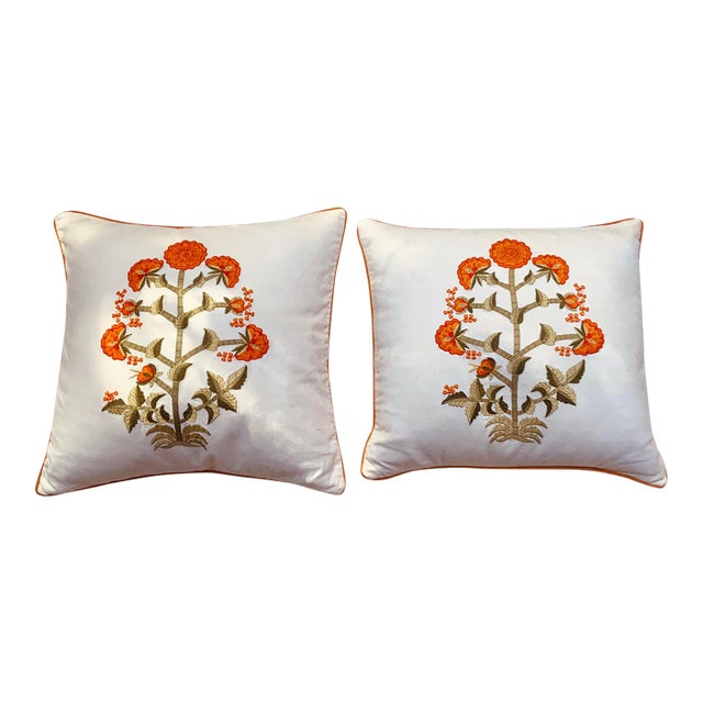 Contemporary Mughal Style White Cotton Embroidered Pillows - A Pair For Sale