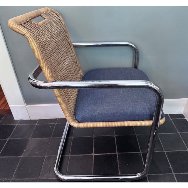 Wood Set of 4 Attributed Chromcraft Cantilever Chairs With Wicker Backrest For Sale - Image 7 of 12