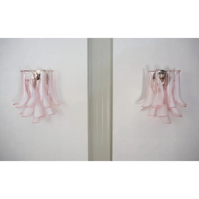 Mid-Century Modern Pair of Italian Murano Wall Lights Mazzega – 10 Pink Lattimo Glass Petals For Sale - Image 3 of 12