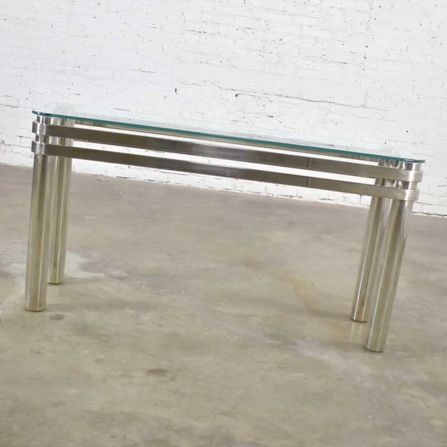 Mid 20th Century Modern Console Sofa Table Chrome Rectangle With Glass Top Style of Pace or Karl Springer For Sale - Image 5 of 13