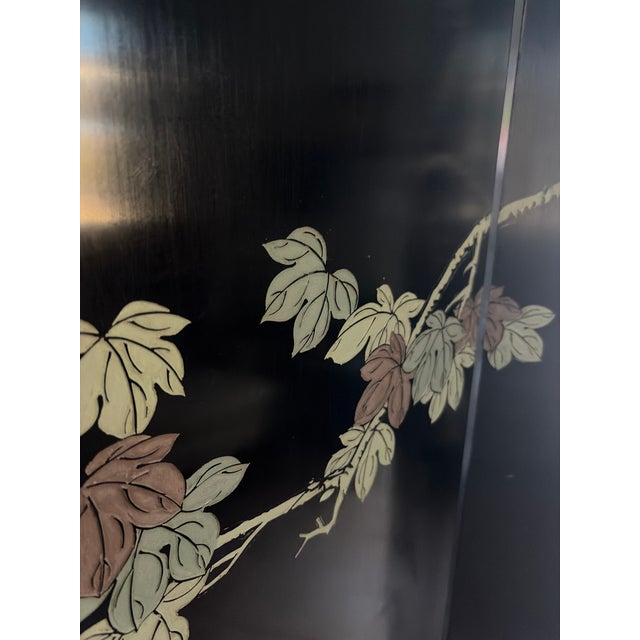 1960s Asian Coromandel-Style Black Lacquer Double-Sided Four-Panel Folding Screen For Sale - Image 15 of 17