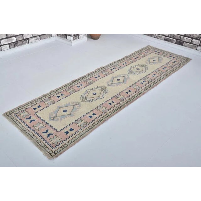 Beige Mid-Century Modern Pink & Beige Wool Handmade Runner Rug For Sale - Image 8 of 11