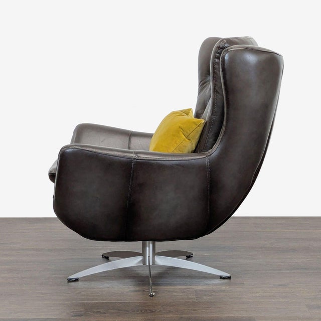 Modern Pottery Barn Wells Modern Brown Leather Swivel Chair With Yellow Pillow For Sale - Image 3 of 6