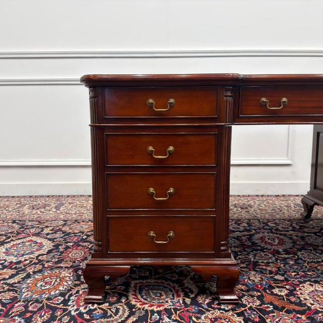 English Partner Desk with Green Leather For Sale - Image 9 of 18