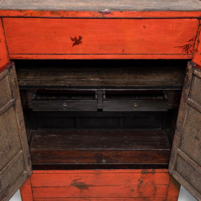 Pair of Chinese Red Lacquer Cabinets With Birds in Flight, C. 1850 For Sale - Image 11 of 14