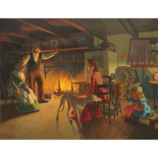 Charming turn-of-20th Century interior painting that takes the viewer back to simpler times with grandmother, grandfather,...