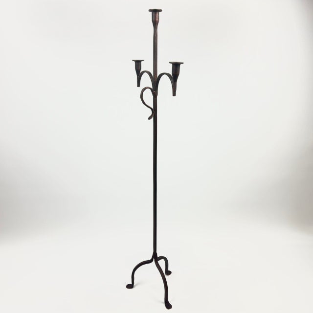 Black Hand Forged Iron Floor Candelabra 50″ (126cm) Antique Copper Patina 3-Arm Slim Corner Design Rustic Decor For Sale - Image 8 of 8