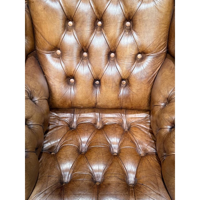 Large English Wing Back Chair of Tufted Tanned Leather With Nail-Head Trim For Sale - Image 9 of 16