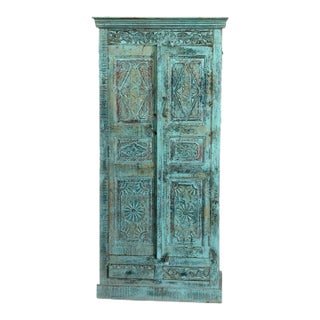 Vintage Armoire Tall Artistic Carved Farmhouse Blue Patina Cabinet For Sale