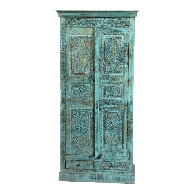 Vintage Armoire Tall Artistic Carved Farmhouse Blue Patina Cabinet For Sale