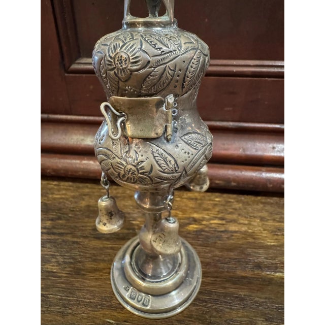 Really impressive antique Sterling silver English-made Besamim spice tower, with hallmarks on base and flag. Made by metal...