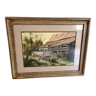 Val Williamson 1978 Original Watercolor Barn and Wagon Landscape, Signed and Framed For Sale