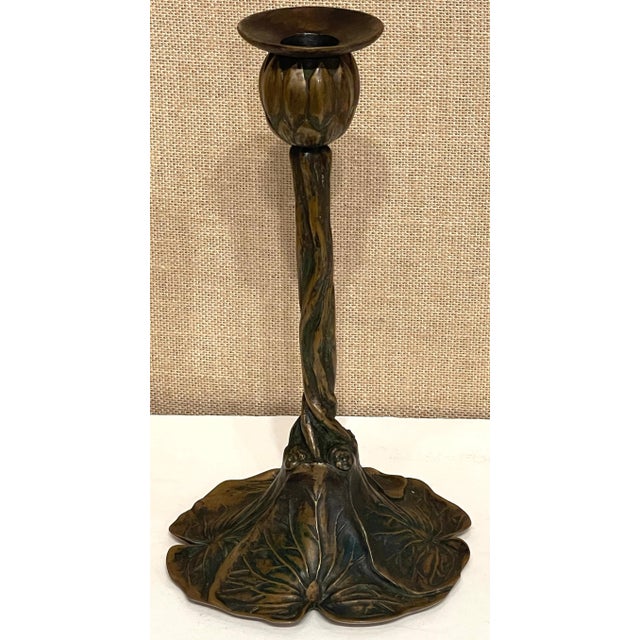 Art Nouveau Bronze Lily Pad & Water Nymph Candlesticks, Signed CH Barr, 1902 - a Pair For Sale - Image 4 of 12