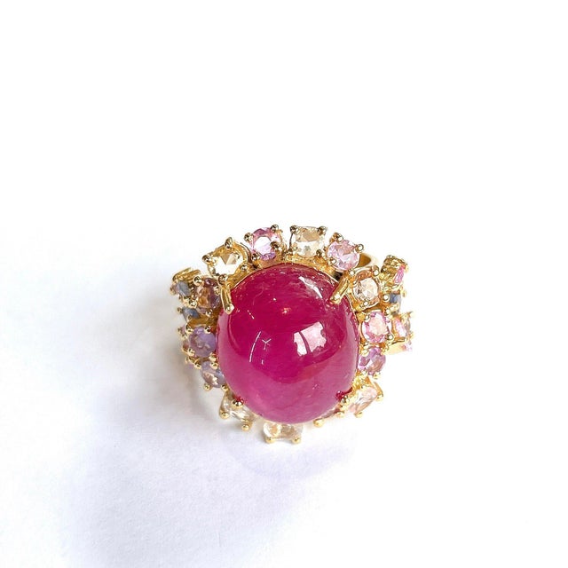 Metal Bochic “Orient” Ruby & Multi Pastel Color Sapphire Cluster Ring Set 18K & Silver, Size 6.5 For Sale - Image 7 of 11