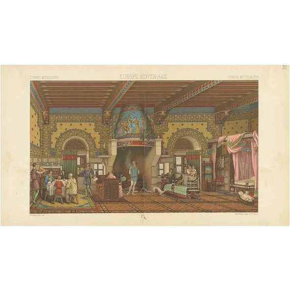 M.A. Racinet, European Middle Ages Living Room, 1880, Chromolithograph on Paper For Sale