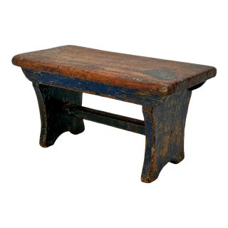 Antique American Primitive Hand Made Wood Footstool - Utility Stool With Excellent Old Rustic Aged Blue Paint For Sale