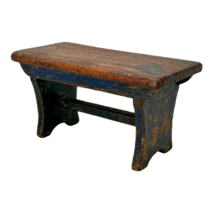 Antique American Primitive Hand Made Wood Footstool - Utility Stool With Excellent Old Rustic Aged Blue Paint