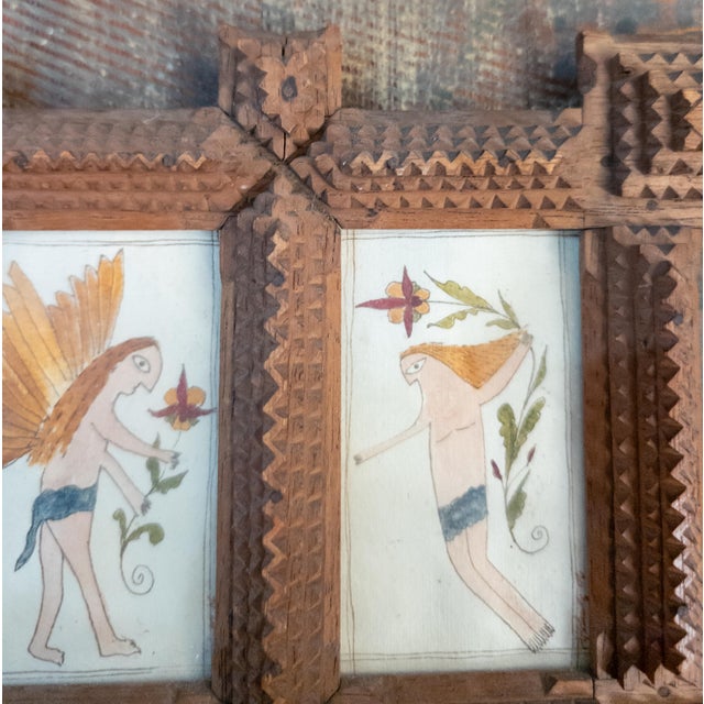 Early 20th Century Early 20th Century Folk Art Tramp Art Double Picture Frame With Watercolors For Sale - Image 5 of 15