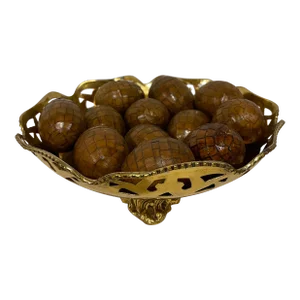 Mid-Century Reticulated Brass Bowl With 12 Leather Eggs