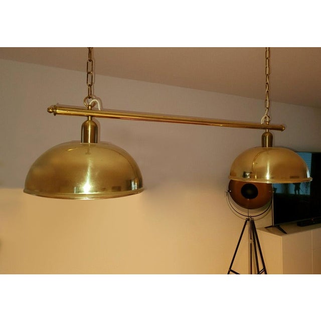 Very large vintage pool pendant light, all brass structure with 2 domes reflectors dimensions h 35.43 in x w 47.63 in x d...