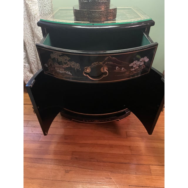 VIntage Petite 19" Hand-Painted Gilt Chinoiserie "Shan Shui" Demilune Cabinet For Sale In Philadelphia - Image 6 of 13