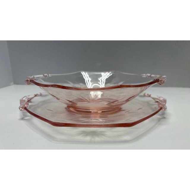 Glass Early 20th Century Art Deco Blush Pink Etched Glass Handled Bowl With Fitted Underplate For Sale - Image 7 of 9