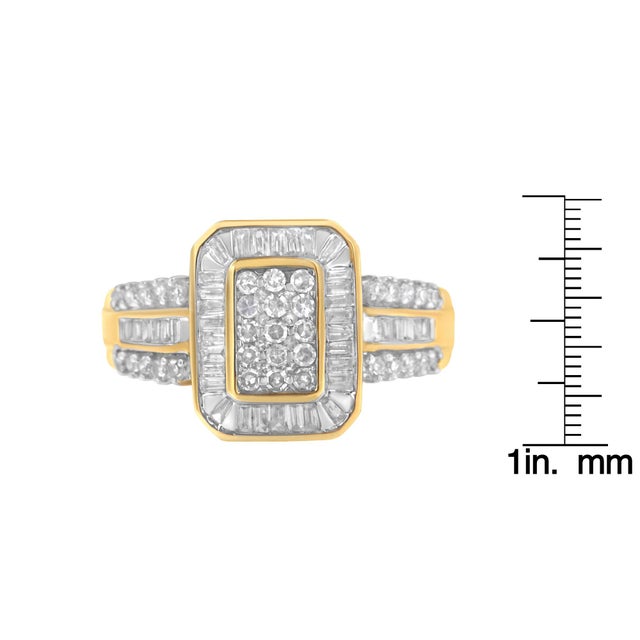 Metal 10K Yellow Gold Round and Baguette-Cut Diamond Cluster Ring (1.0 Cttw, I-J Color, SI1-SI2 Clarity) - Size 8 For Sale - Image 7 of 7