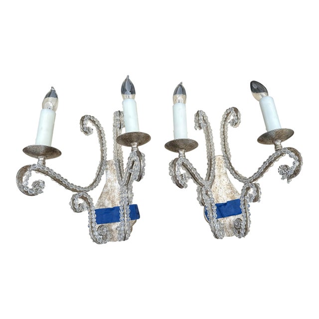 Pair of Dennis & Leen 2-Light Custom Silver Leaf Sconces With Clear Beads For Sale
