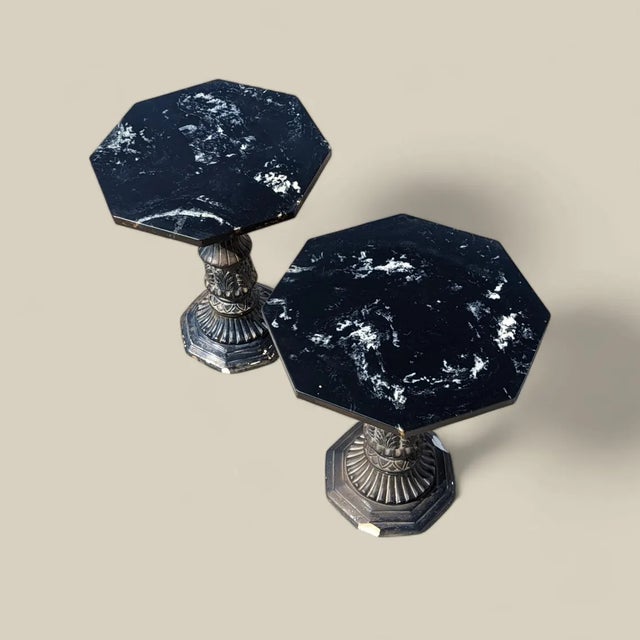 Pair of Black Marble-Top Gothic Revival Pedestal Tables For Sale - Image 4 of 10