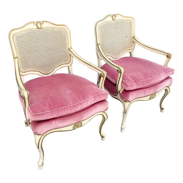 Vintage French Provincial Pink Velvet and Cain Back Chairs - A Pair For Sale