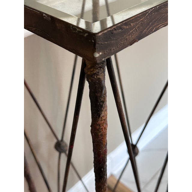 Tall Metal Twig Table Rustic aged metal finish with square glass top. Believed to be Theodore Alexander but no markings...