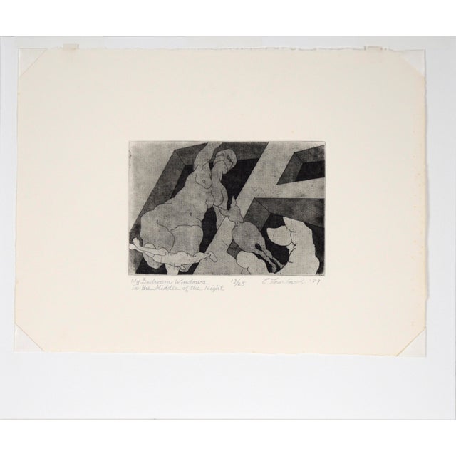 "My Bedroom Windows in the Middle of the Night" Etching in Ink on Paper, #13/25 Bold surrealist etching by Ernesto...
