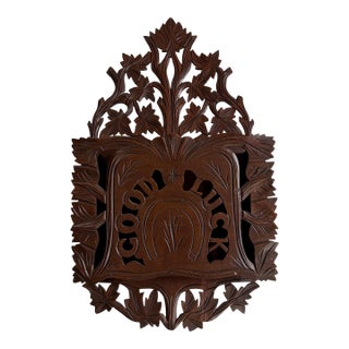 Large Antique Victorian Carved Wood Good Luck Wall Pocket Magazine Rack For Sale