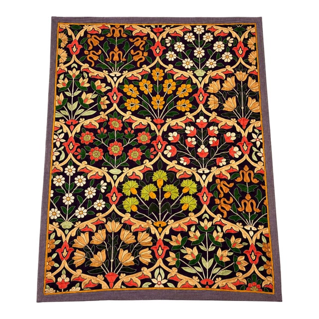 Large Vintage Silk Embroidered Floral Textile Wall Hanging | Arts & Crafts Inspired Botanical Tapestry For Sale