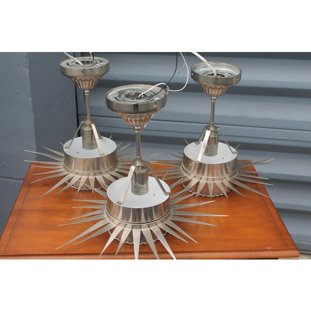 Mid-Century Modern 1970's Mid Century Modern Ultra High Quality Celestial Starburst Nickel Pendant Ceiling Fixtures From Miami Beach Alexander Hotel Set of 3 For Sale - Image 3 of 18