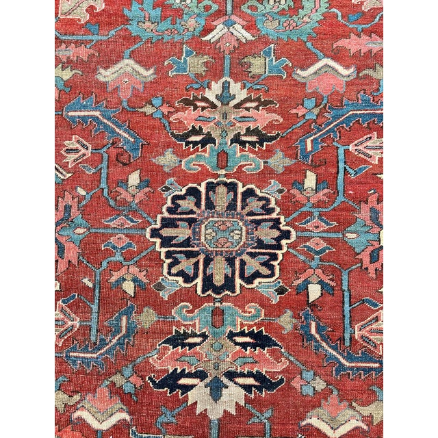 Antique Persian Heriz Carpet Handmade Wool Oriental Rug, Rust, Navy-Medium Blue For Sale - Image 13 of 18
