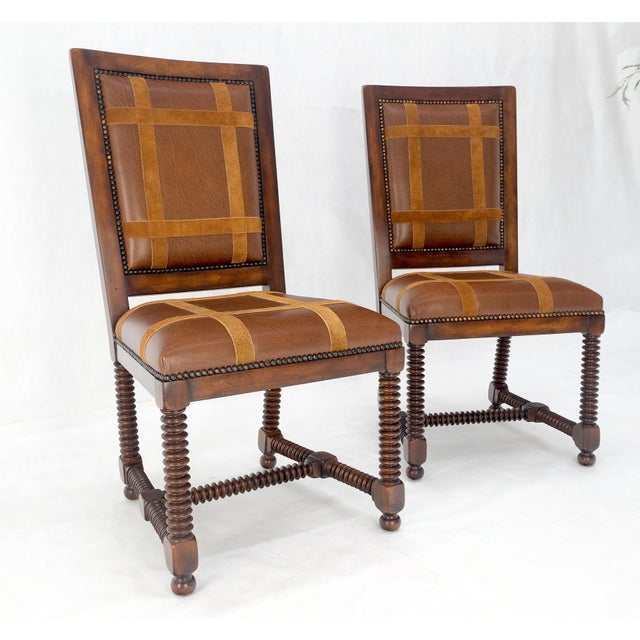 Baker Furniture Company Pair of Turned Legs & Stretchers Large Leather Upholstery Side Chairs MINT! For Sale - Image 4 of 14