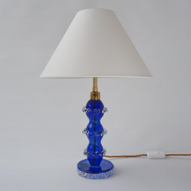Antique Murano glass table lamp, handblown in cobalt blue crystal, attributed to Barovier & Toso, 1920`s ca, Italian. This...
