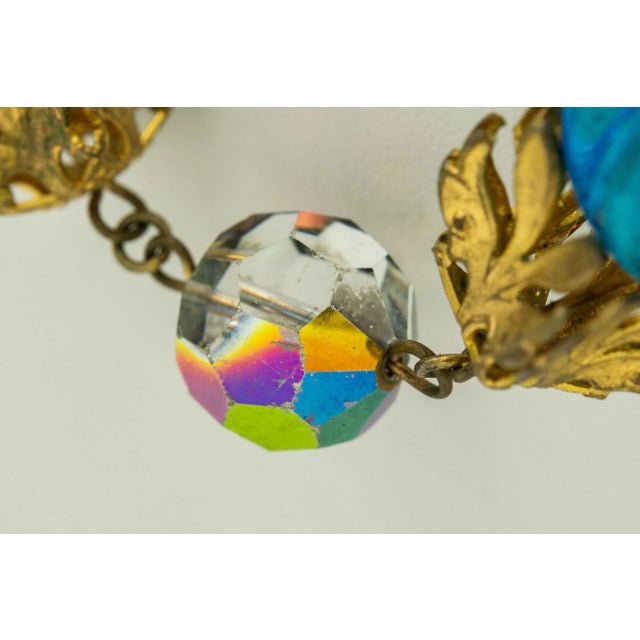 French Organic Blue Glass Bead and Crystal Gilt Leaf Necklace For Sale - Image 4 of 7