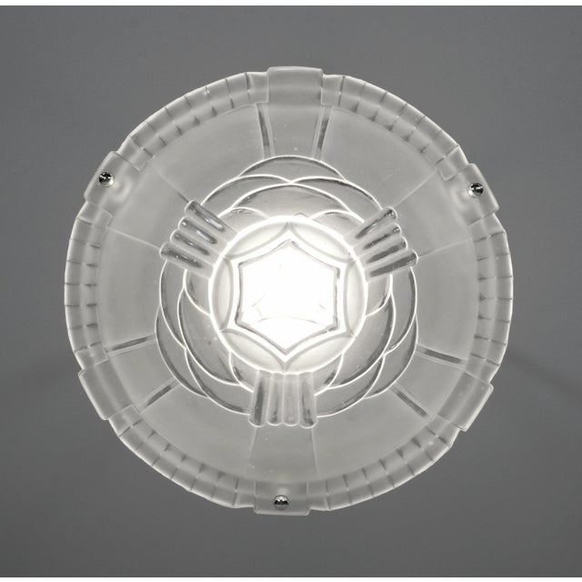 1930s Marius Sabino French Art Deco Pendant Light - 1930s Frosted Glass & Nickeled Bronze For Sale - Image 5 of 8