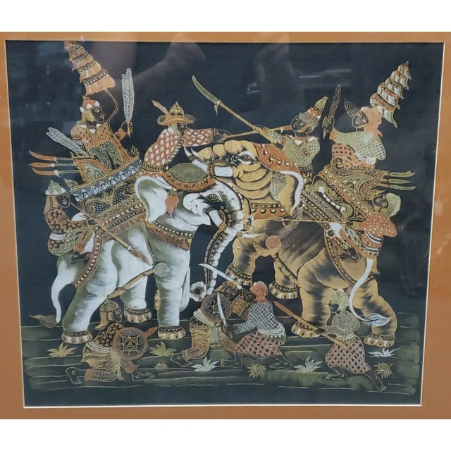 This is a Mid 20th Century Indian Batik Mughal Warriors Framed Silk Painting. It measures 36 1/4" wide by 30 3/8" tall on...