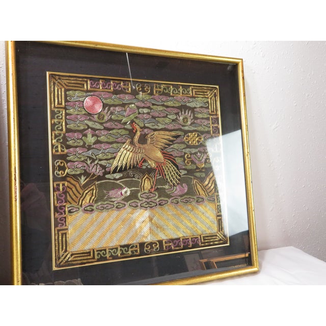 Traditional Antique Pair of Qing Dynasty Chinese Embroidered Silk Buzi Civil Rank Badges ~ Gold Frame For Sale - Image 3 of 17