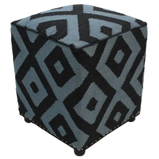 Cerulean Boho Chic Schuster Black/Grey Handmade Kilim Upholstered Ottoman For Sale - Image 8 of 8