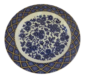 English Hawthorn Deep Dish Blue and White Gilt Highlights Ridgeway Staffordshire Potters c 1880